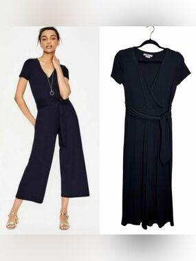Boden Jersey Wrap Jumpsuit Black Sz 8P Wide Leg Cropped Short Sleeve Classic